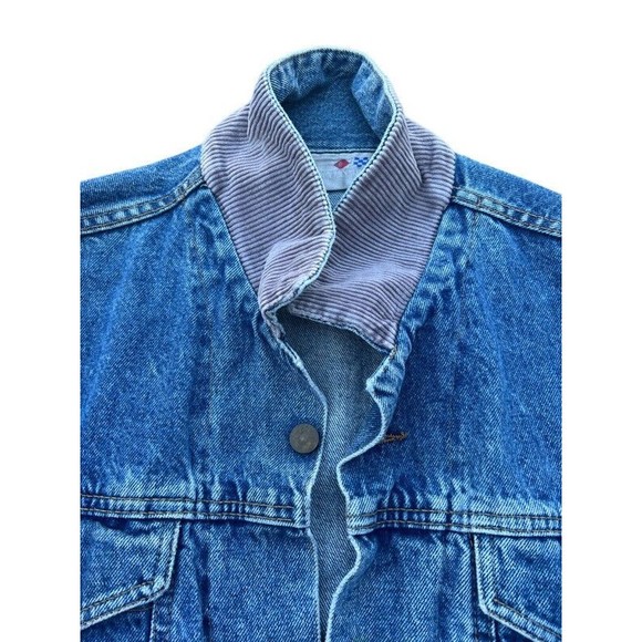 Vintage 80s French Navy Long Sleeve Corduroy Accents Distressed  Denim Jacket M - Picture 4 of 9